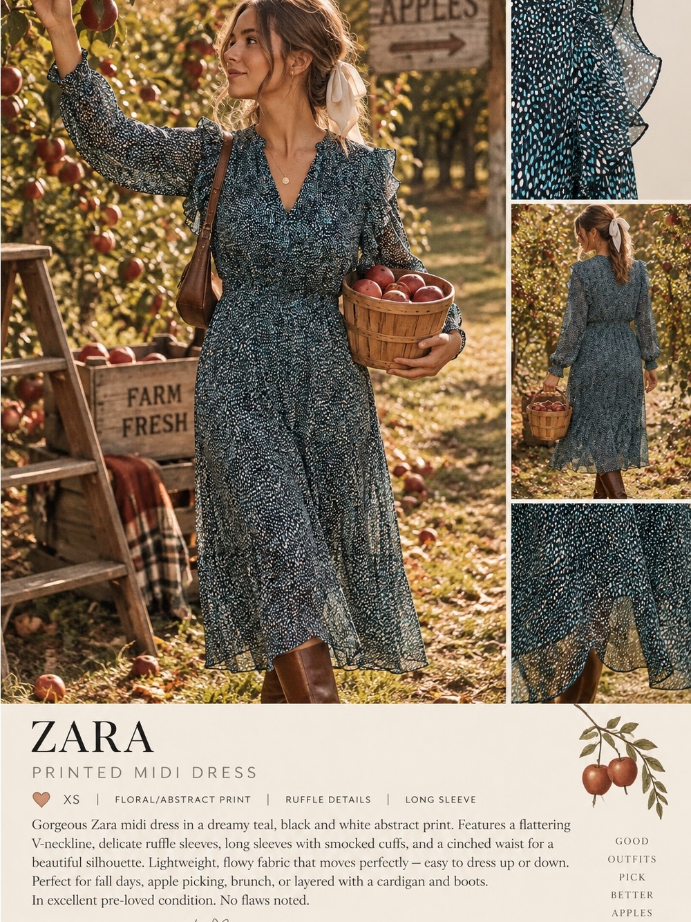 Zara XS Teal Black Abstract Print Ruffle Midi Dress Fall Cottagecore